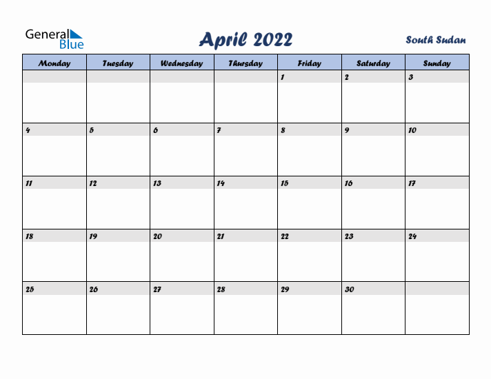 April 2022 Calendar with Holidays in South Sudan