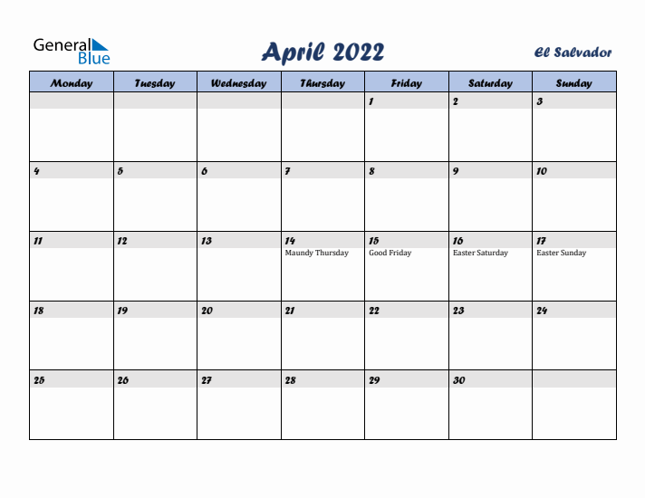 April 2022 Calendar with Holidays in El Salvador