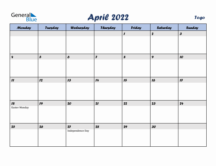 April 2022 Calendar with Holidays in Togo