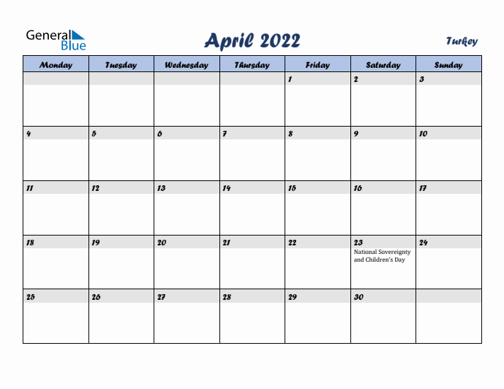 April 2022 Calendar with Holidays in Turkey