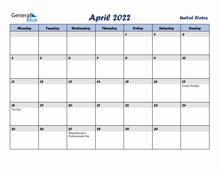 April 2022 Calendar with Holidays in United States