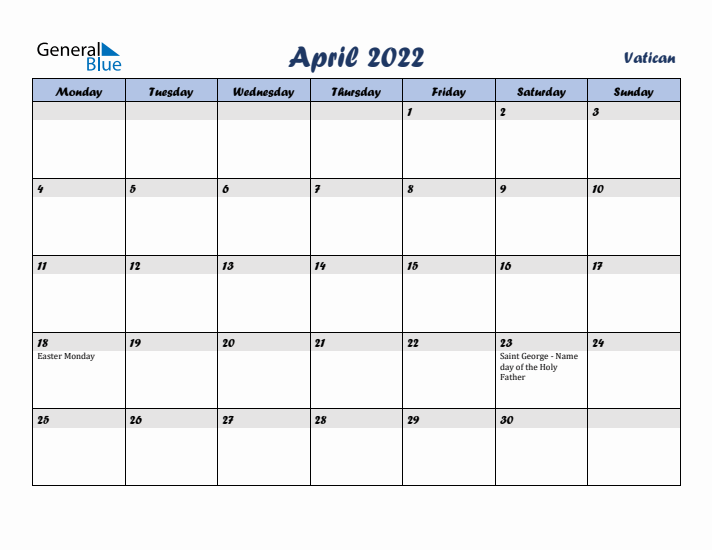 April 2022 Calendar with Holidays in Vatican