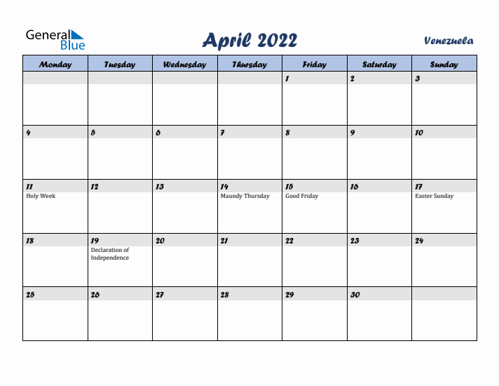 April 2022 Calendar with Holidays in Venezuela