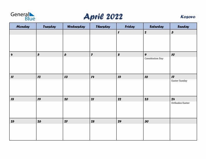 April 2022 Calendar with Holidays in Kosovo