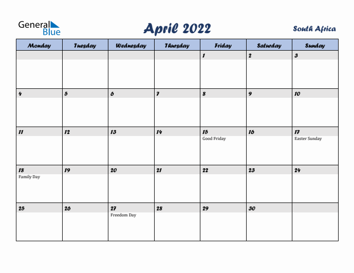 April 2022 Calendar with Holidays in South Africa