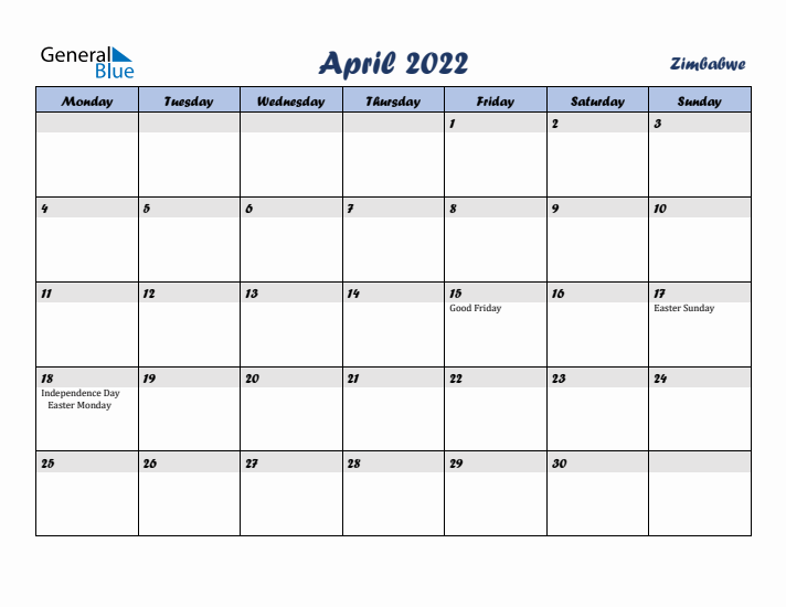 April 2022 Calendar with Holidays in Zimbabwe