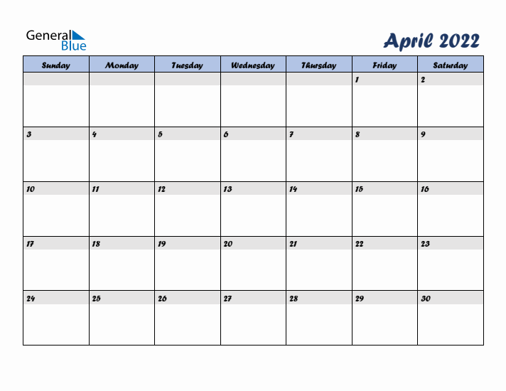April 2022 Blue Calendar (Sunday Start)