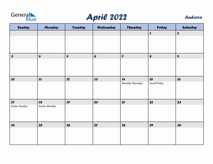 April 2022 Calendar with Holidays in Andorra