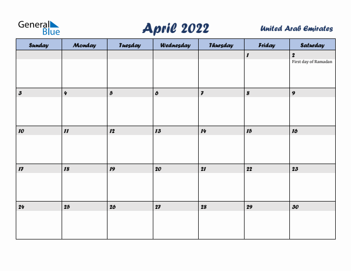 April 2022 Calendar with Holidays in United Arab Emirates
