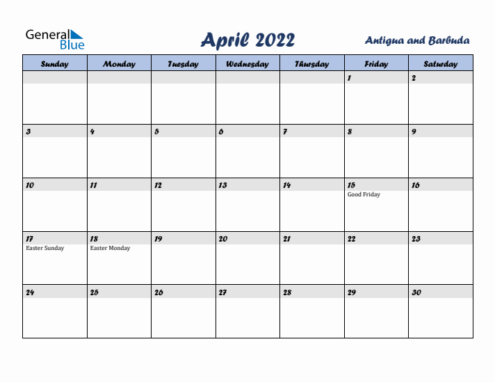April 2022 Calendar with Holidays in Antigua and Barbuda