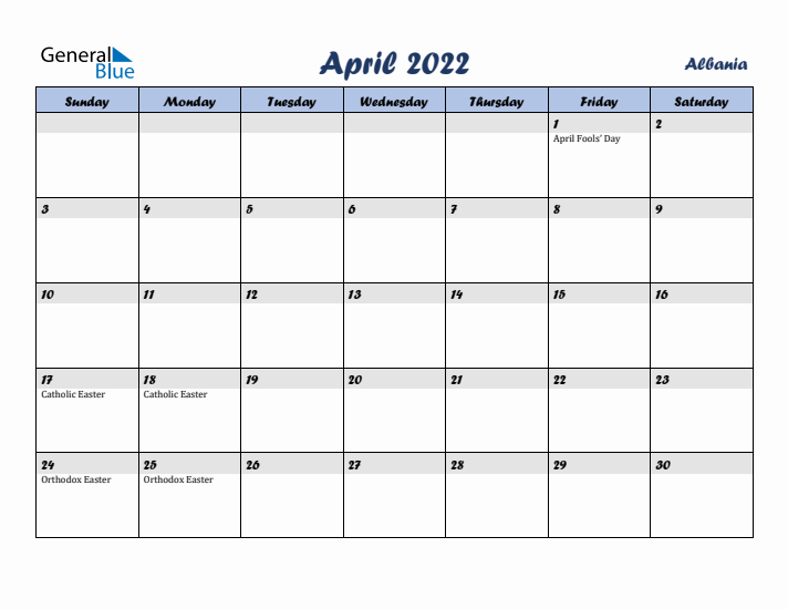 April 2022 Calendar with Holidays in Albania
