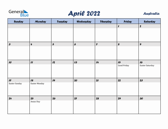 April 2022 Calendar with Holidays in Australia