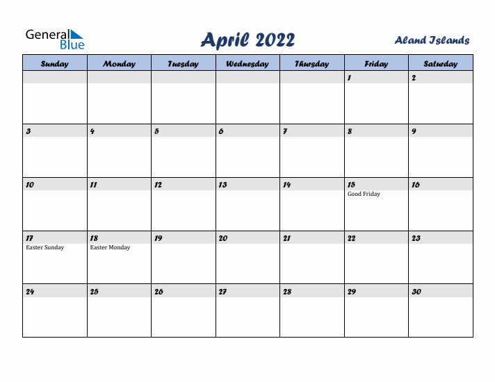 April 2022 Calendar with Holidays in Aland Islands