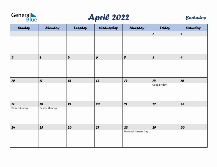April 2022 Calendar with Holidays in Barbados