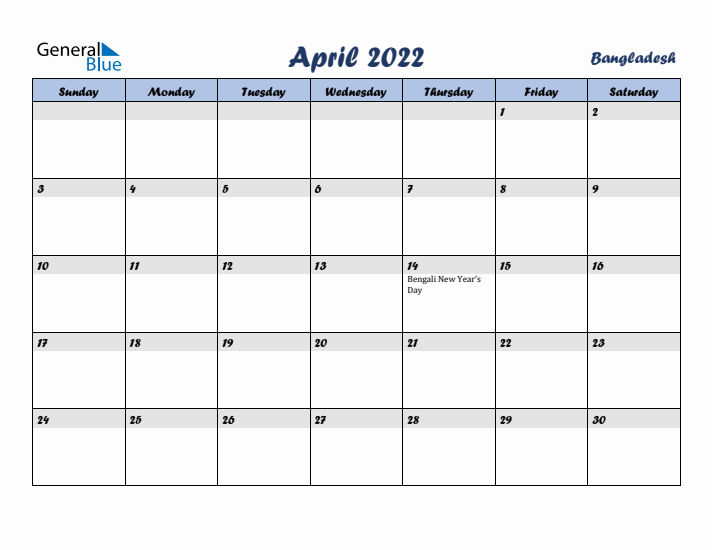 April 2022 Calendar with Holidays in Bangladesh