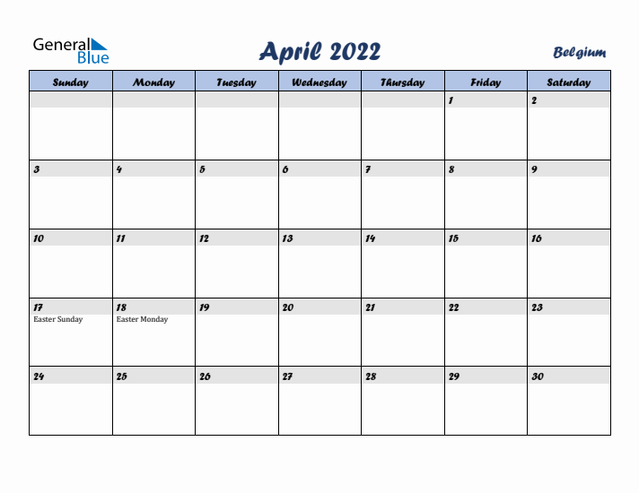 April 2022 Calendar with Holidays in Belgium