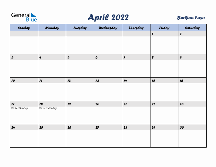 April 2022 Calendar with Holidays in Burkina Faso