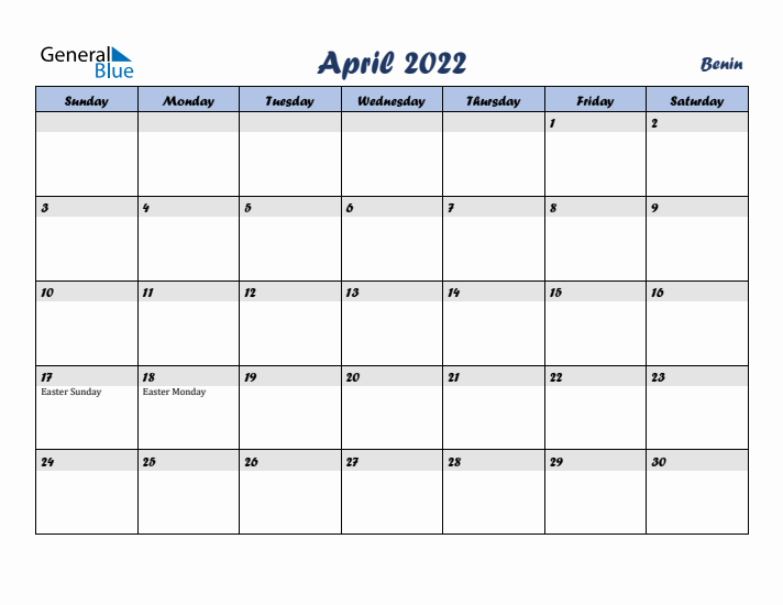 April 2022 Calendar with Holidays in Benin