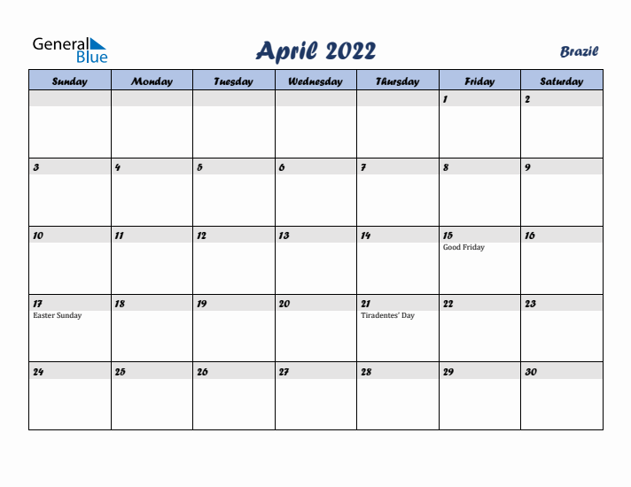 April 2022 Calendar with Holidays in Brazil