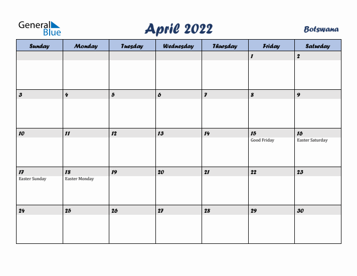April 2022 Calendar with Holidays in Botswana