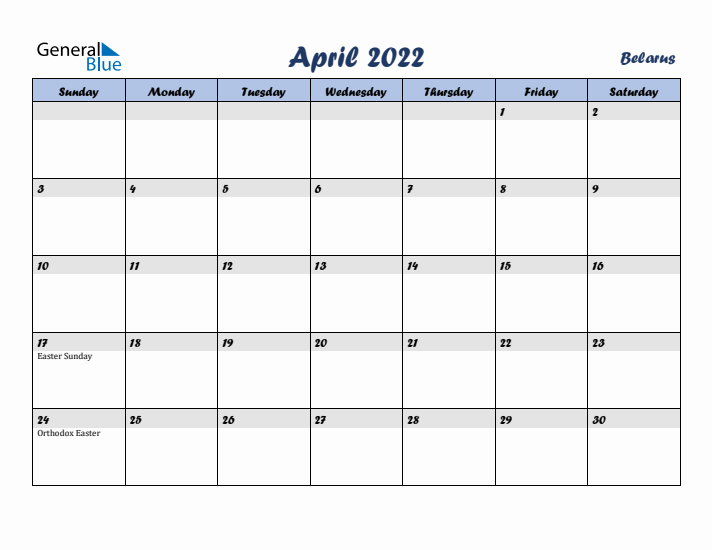 April 2022 Calendar with Holidays in Belarus