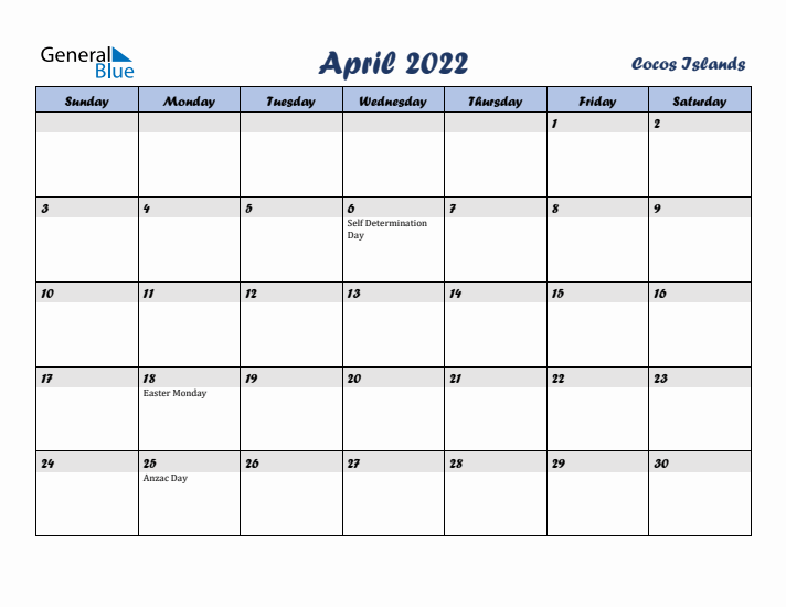April 2022 Calendar with Holidays in Cocos Islands