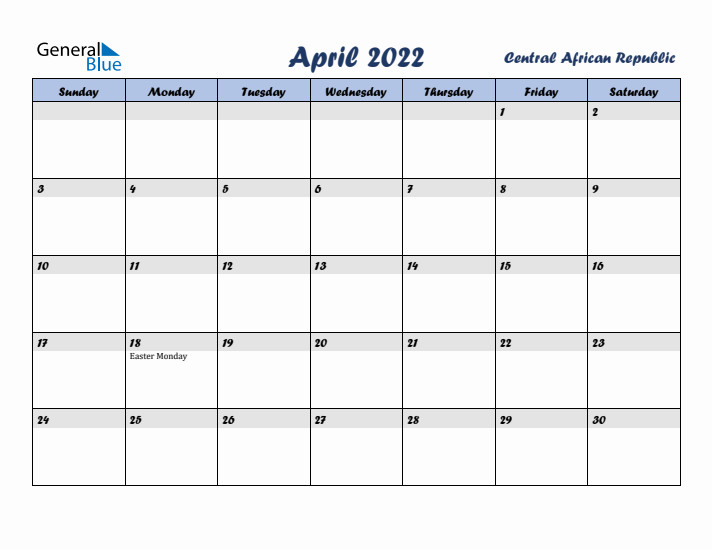 April 2022 Calendar with Holidays in Central African Republic