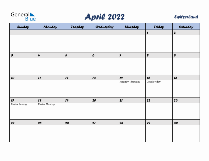 April 2022 Calendar with Holidays in Switzerland