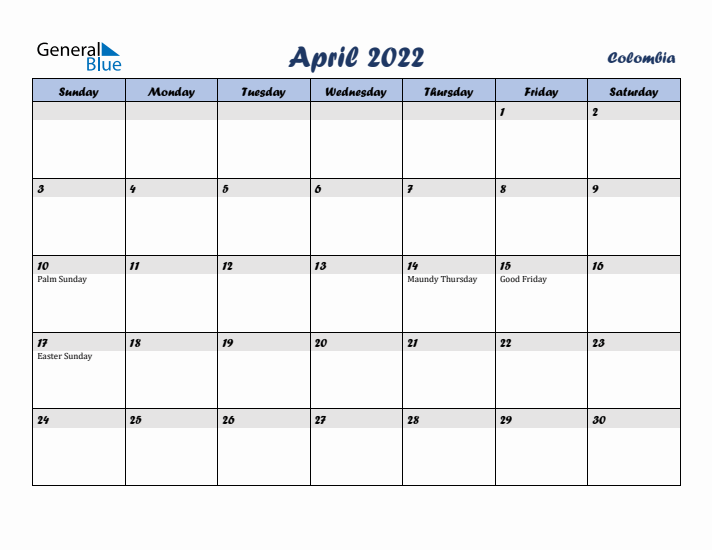 April 2022 Calendar with Holidays in Colombia