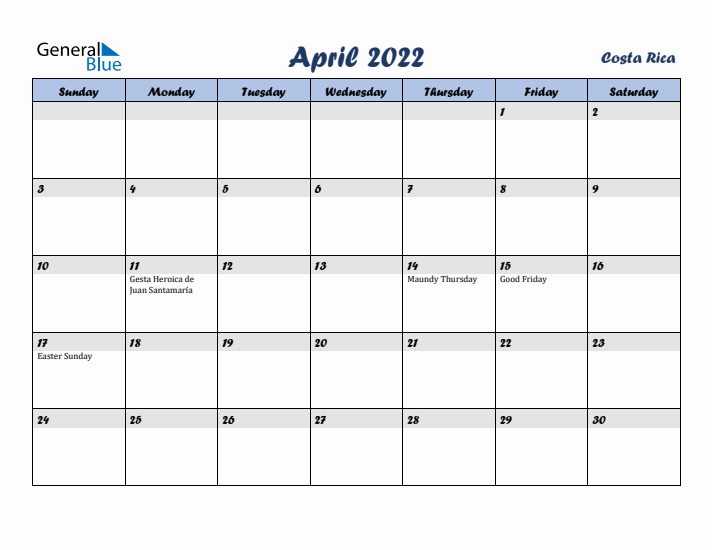 April 2022 Calendar with Holidays in Costa Rica