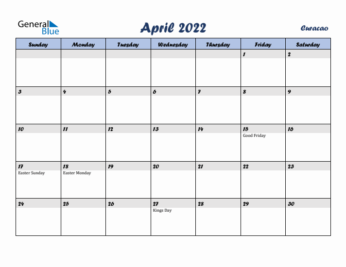 April 2022 Calendar with Holidays in Curacao