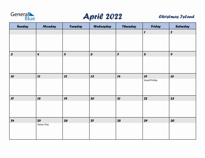 April 2022 Calendar with Holidays in Christmas Island