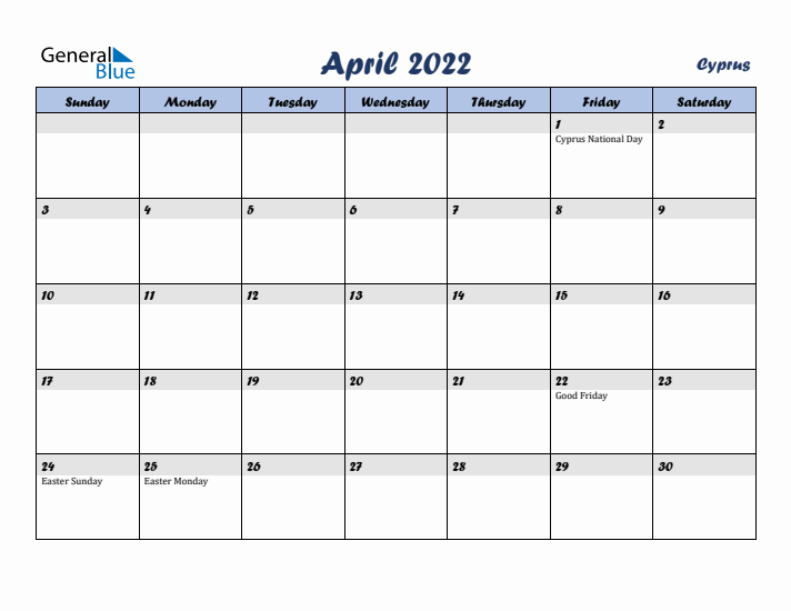 April 2022 Calendar with Holidays in Cyprus