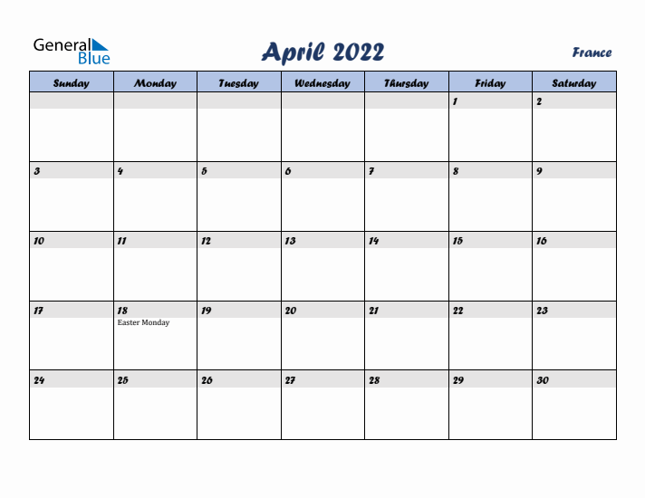 April 2022 Calendar with Holidays in France