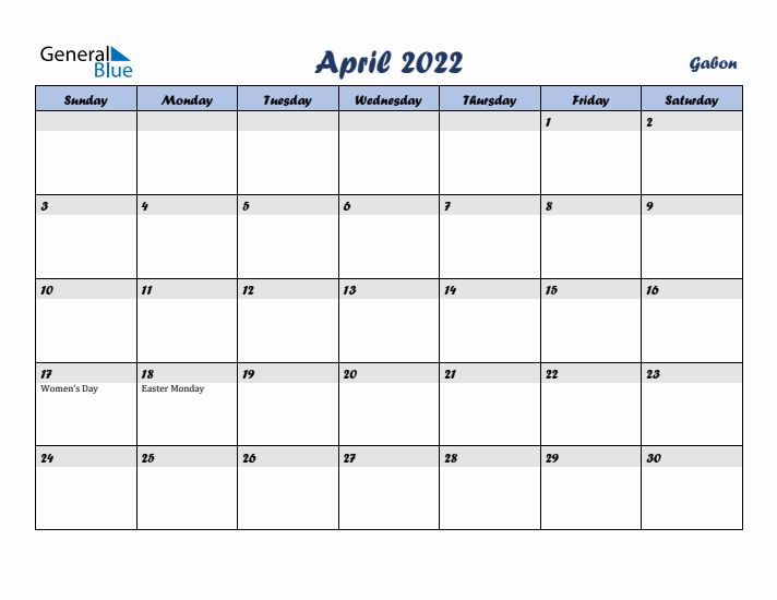 April 2022 Calendar with Holidays in Gabon