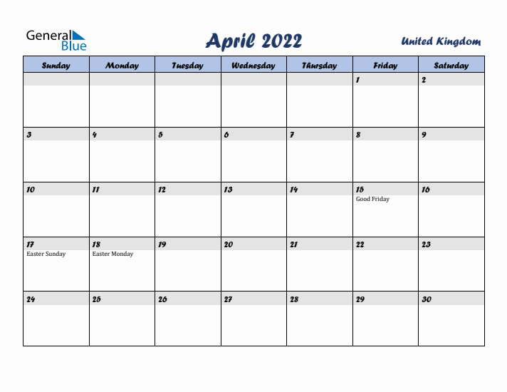 April 2022 Calendar with Holidays in United Kingdom