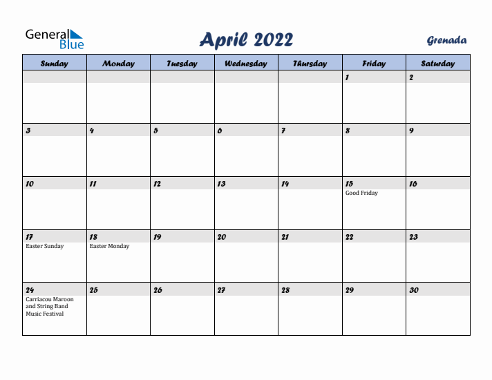 April 2022 Calendar with Holidays in Grenada