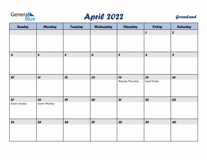 April 2022 Calendar with Holidays in Greenland