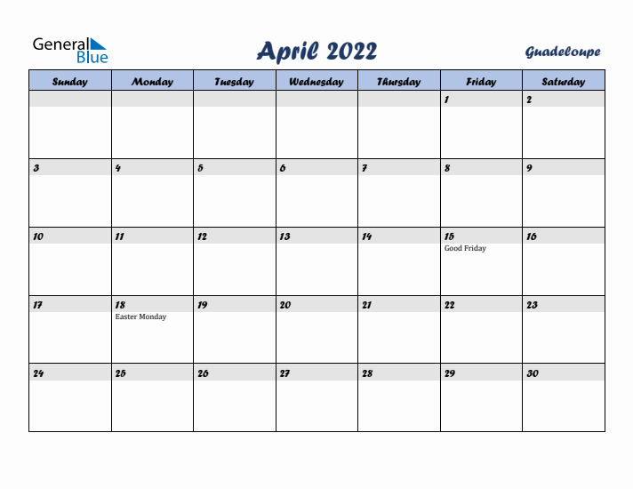 April 2022 Calendar with Holidays in Guadeloupe