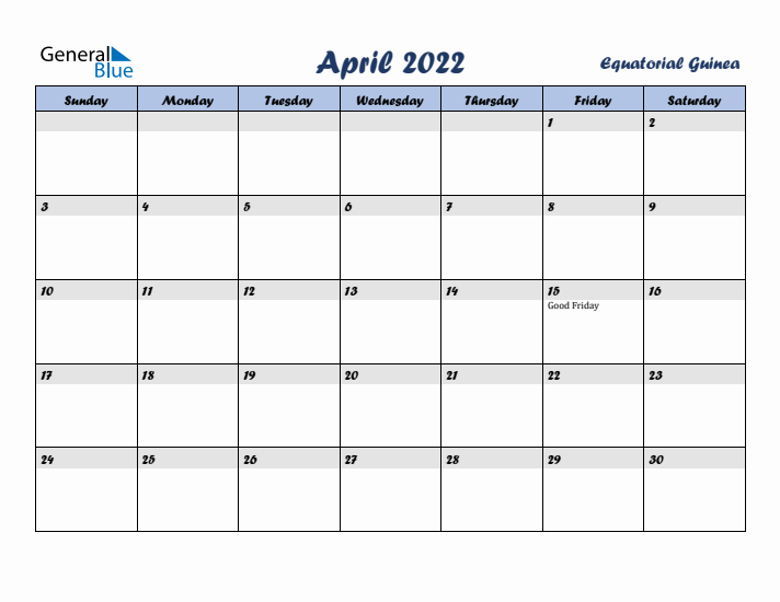 April 2022 Calendar with Holidays in Equatorial Guinea