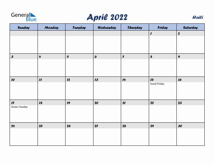 April 2022 Calendar with Holidays in Haiti