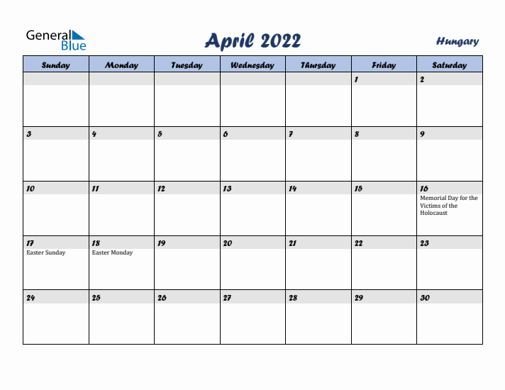 April 2022 Calendar with Holidays in Hungary