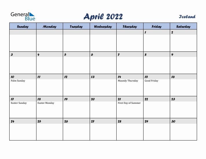 April 2022 Calendar with Holidays in Iceland