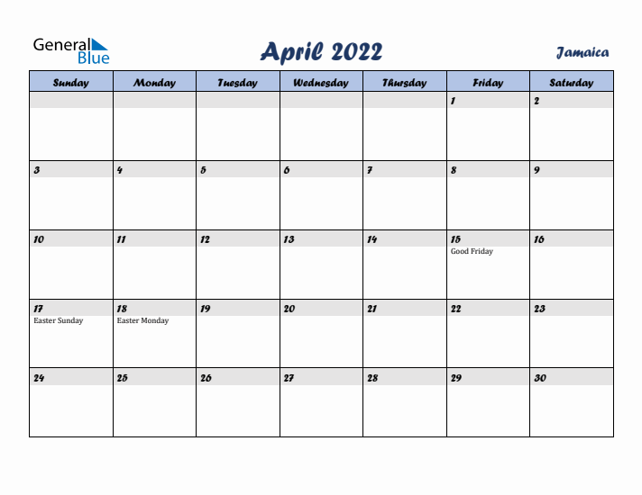 April 2022 Calendar with Holidays in Jamaica