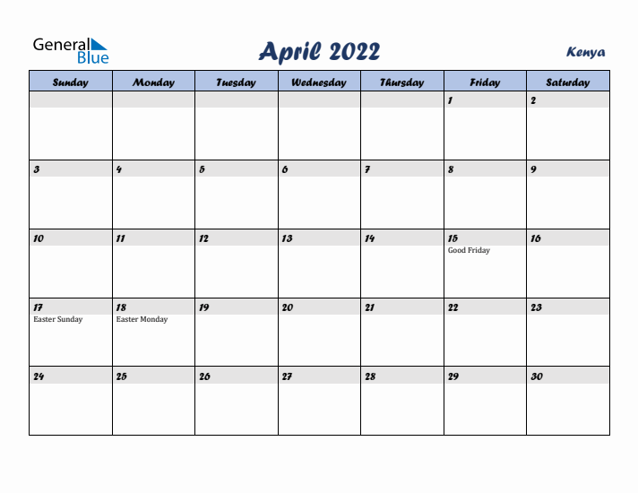 April 2022 Calendar with Holidays in Kenya