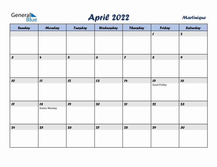 April 2022 Calendar with Holidays in Martinique