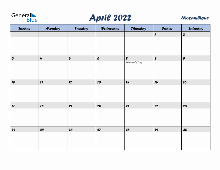 April 2022 Calendar with Holidays in Mozambique