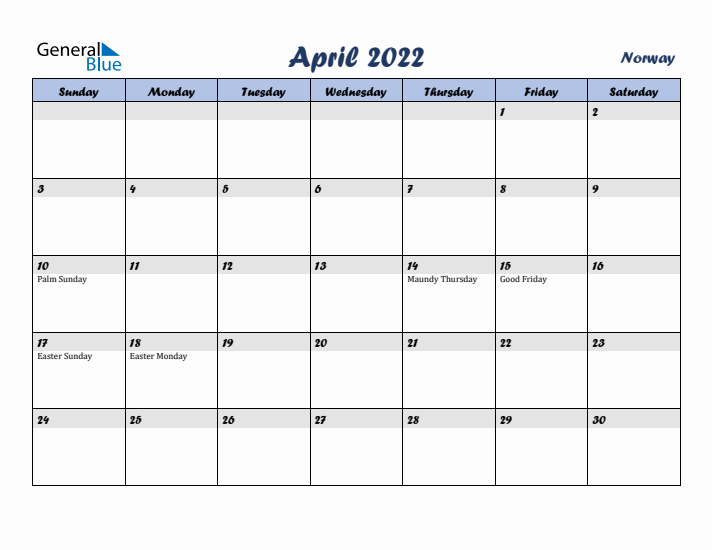 April 2022 Calendar with Holidays in Norway
