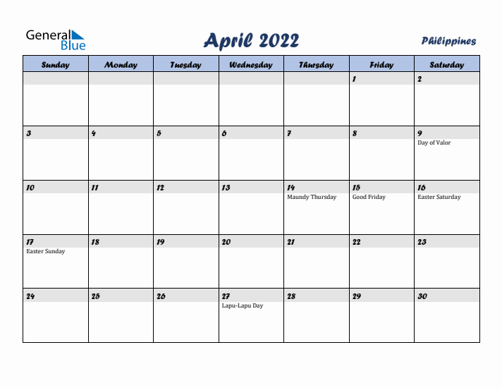 April 2022 Calendar with Holidays in Philippines
