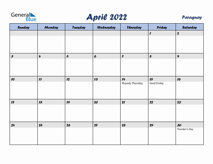 April 2022 Calendar with Holidays in Paraguay